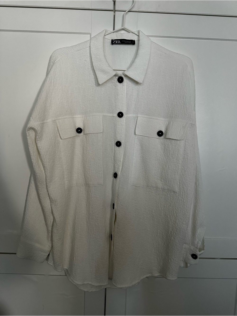Zara Cream Textured Button-Front Shirt Jacket with Black Buttons